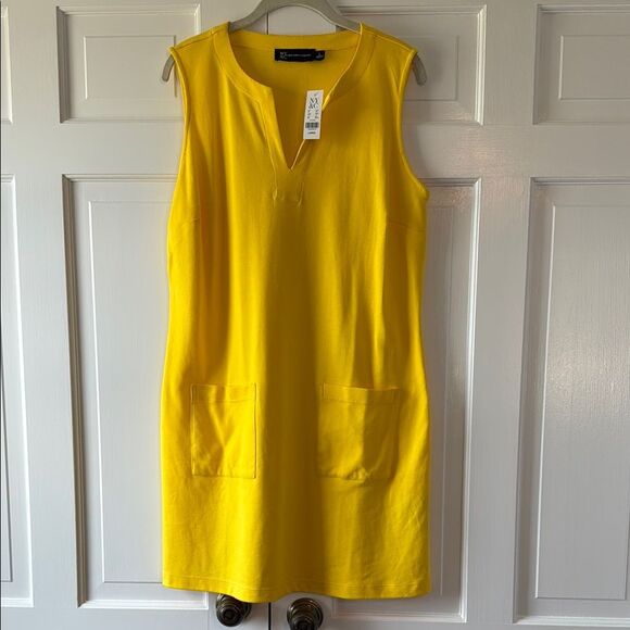 NY & CO GOLD YELLOW SLEEVELESS SHIFT DRESS WITH PATCH POCKETS COTTON KNIT L - Picture 1 of 8